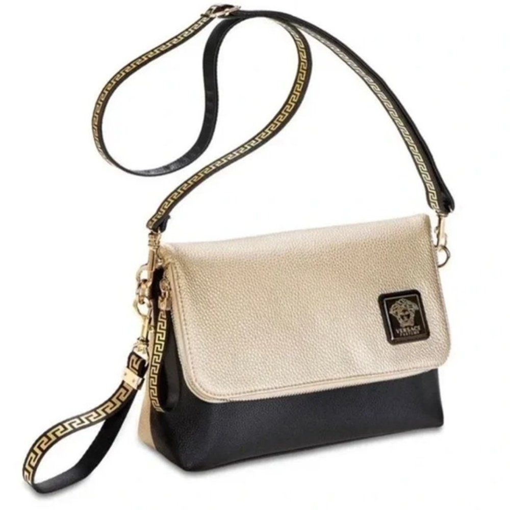 NIP Versace Parfums Medusa Black & Gold Leather Crossbody Clutch Bag